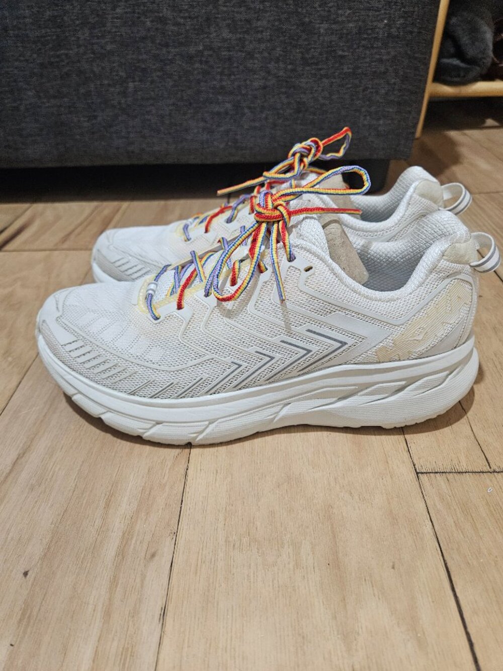 Hoka x Outdoor Voices Clifton Sneaker in White / Rainbow Laces (8) - Picture 7 of 8